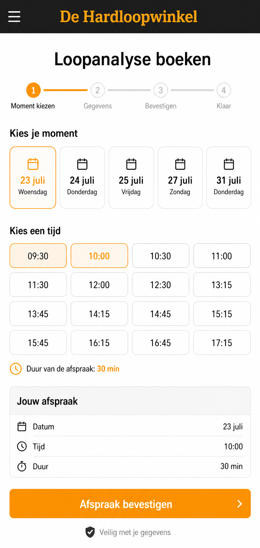 Screenshot van de mobiele De Hardloopwinkel boekingsflow