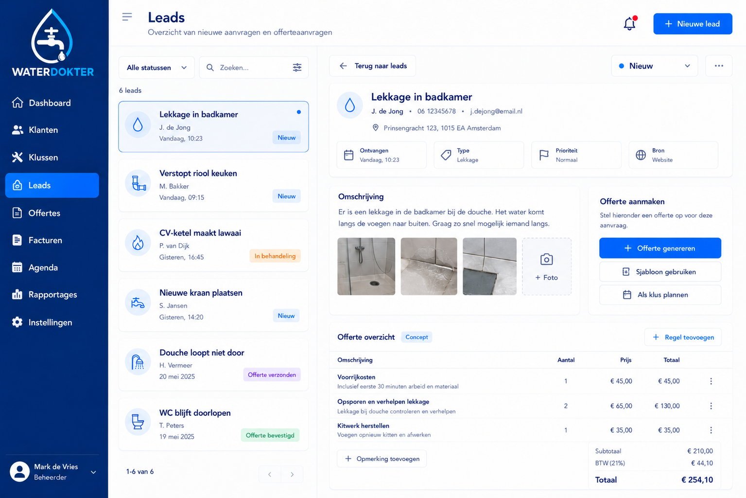 Screenshot van het Waterdokter lead- en offertesysteem