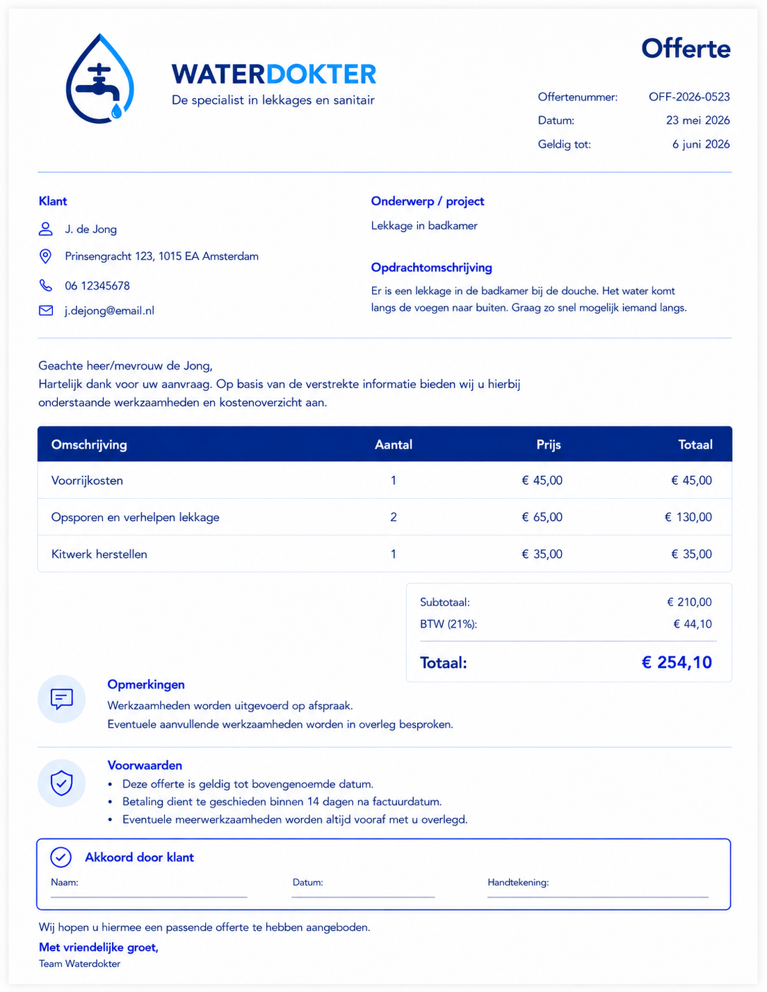 Screenshot van een Waterdokter offerte-document